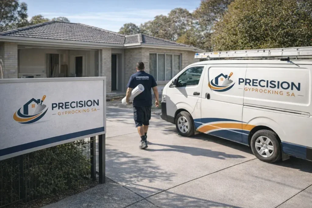 Precision Gyprocking SA - Owner walking onto site with plans Prospect Home